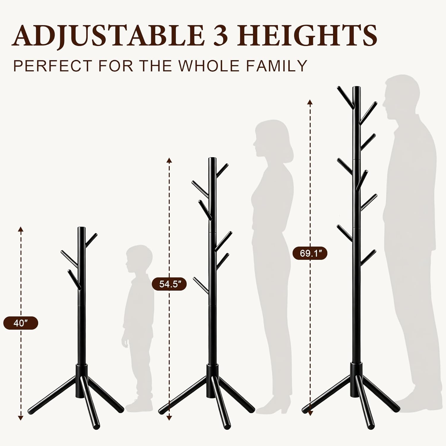 Wooden Coat Rack Freestanding with 8 Hooks & 3 Adjustable Sizes for Clothes, Space-Saving Design for Bedroom Office Entrance Holds Hats Coats Scarves Bags