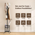 ELYKEN Coat Rack Freestanding, Metal Coat Rack with Umbrella Holder | 12 Hooks, Square Base, Heavy Duty Floor Standing Coat Tree for Entryway, Hallway, Living Room, Bedroom, Office, Black