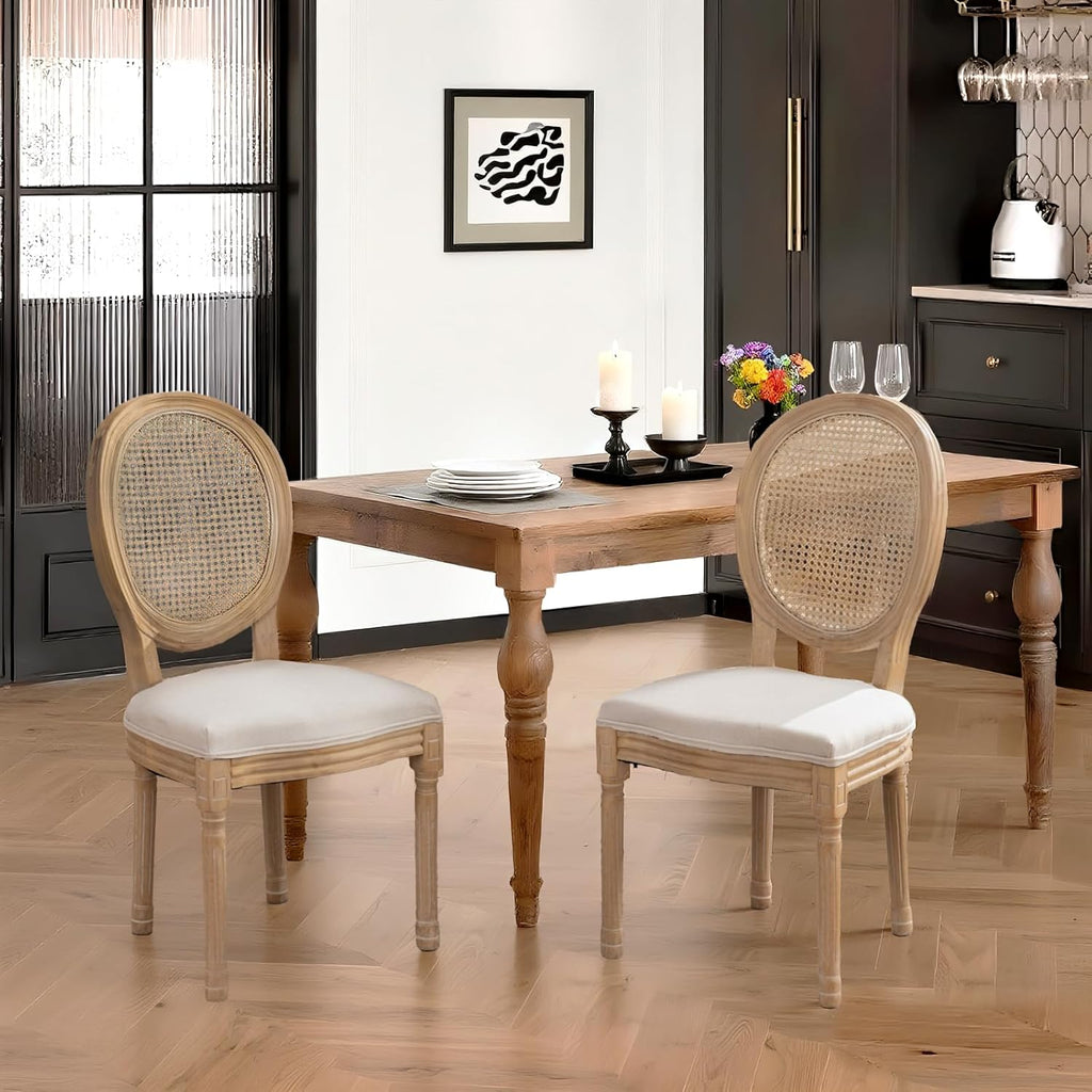 French Country Dining Chairs Set of 4,Farmhouse Upholstered Dining Room Chairs with Round Back and Solid Leg,Rattan Kitchen Chairs for Kitchen/Bedroom/Dining Room,Beige