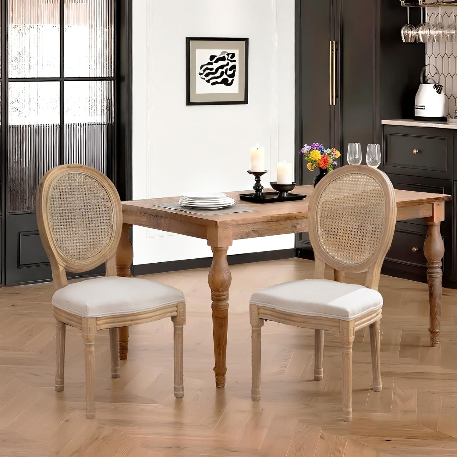 French Country Dining Chairs Set of 4,Farmhouse Upholstered Dining Room Chairs with Round Back and Solid Leg,Rattan Kitchen Chairs for Kitchen/Bedroom/Dining Room,Beige