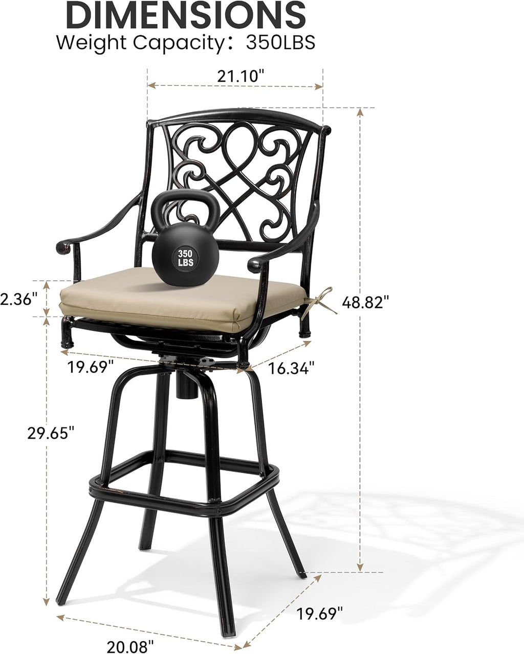 Crestlive Products Outdoor Bar Stools with Sunbrella Cushion Set of 4, 360° Swivel Patio Bar Height Chairs, All Weather Heavy Duty Commercial Grade Furniture, Antique Brown Finish for Outside(Tan)