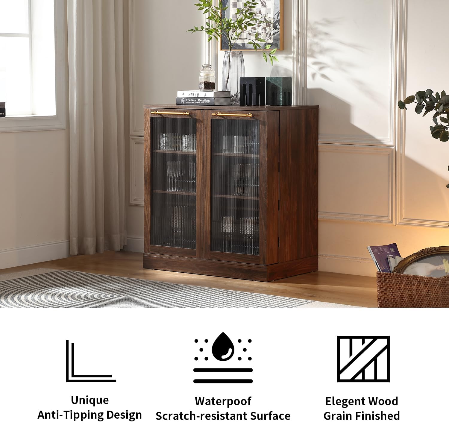 FOREST GRAVITY 34.6 inch Kitchen Pantry Storage Cabinet with 6 Built-in Racks for Better Storage, Modern Pantry Cabinet with Adjustable Shelves and Glass Doors,Wind Red