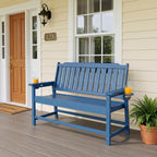 Outdoor Bench with Cup Holder Weatherproof HDPE Fade Resistant Garden Bench 660 lbs Bearing 2-Seat Front Porch Furniture for Patio, Backyard (Blue)