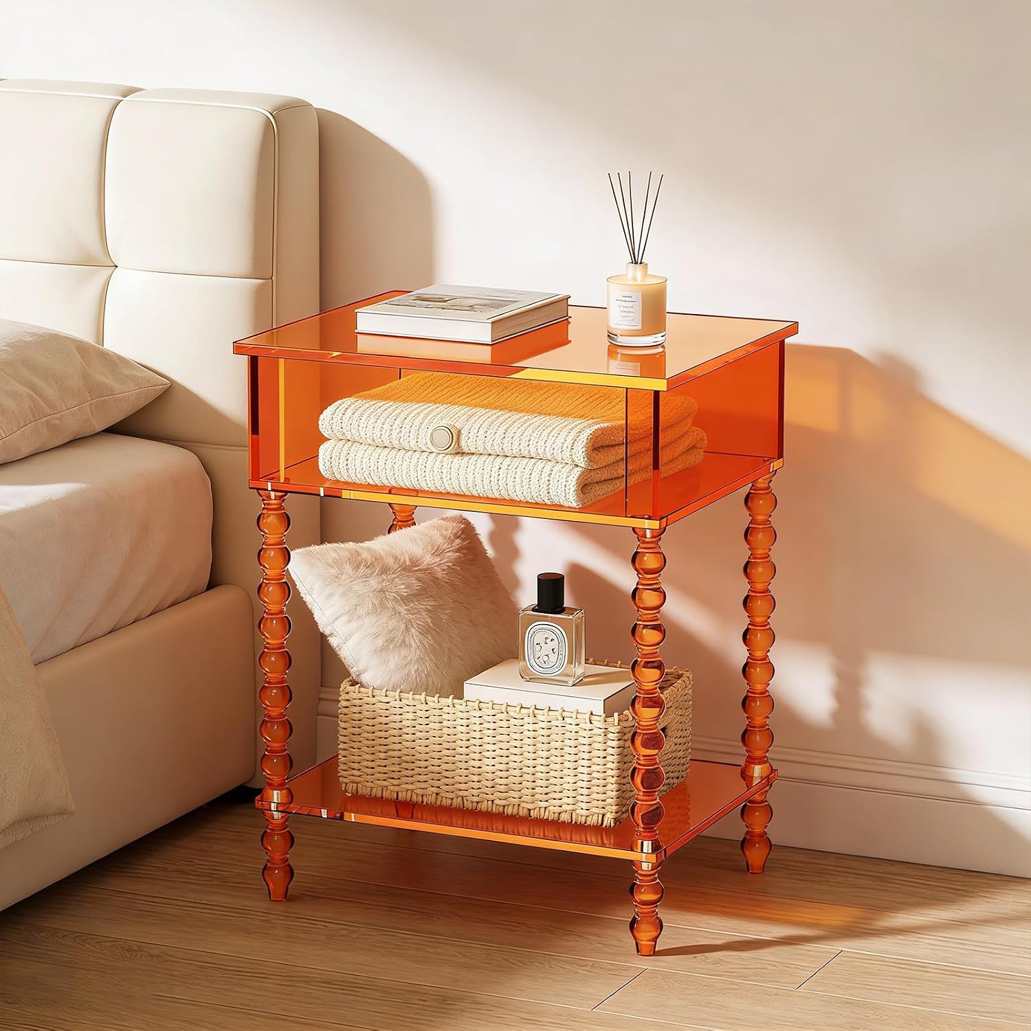 16inch Acrylic End Side Table, 3 Tier Orange End Table with Large Storage Modern Nightstand Coffee Table Accent Table for Compact Space Living Room Bedroom