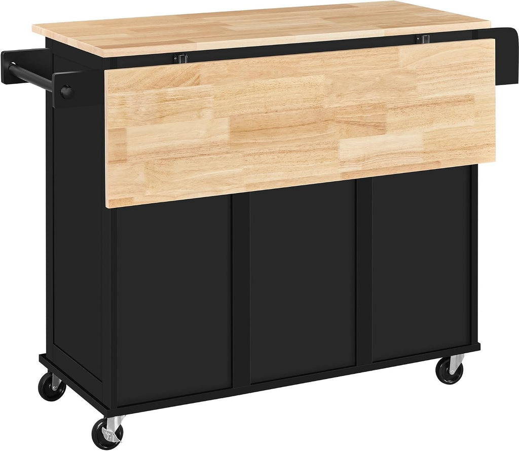 Yaheetech Kitchen Island Cart with Drop Leaf, 49" Rolling Island Table with Storage, Drawer, Kitchen Cart with Rubberwood Top, Detachable Towel & Spice Rack, Black