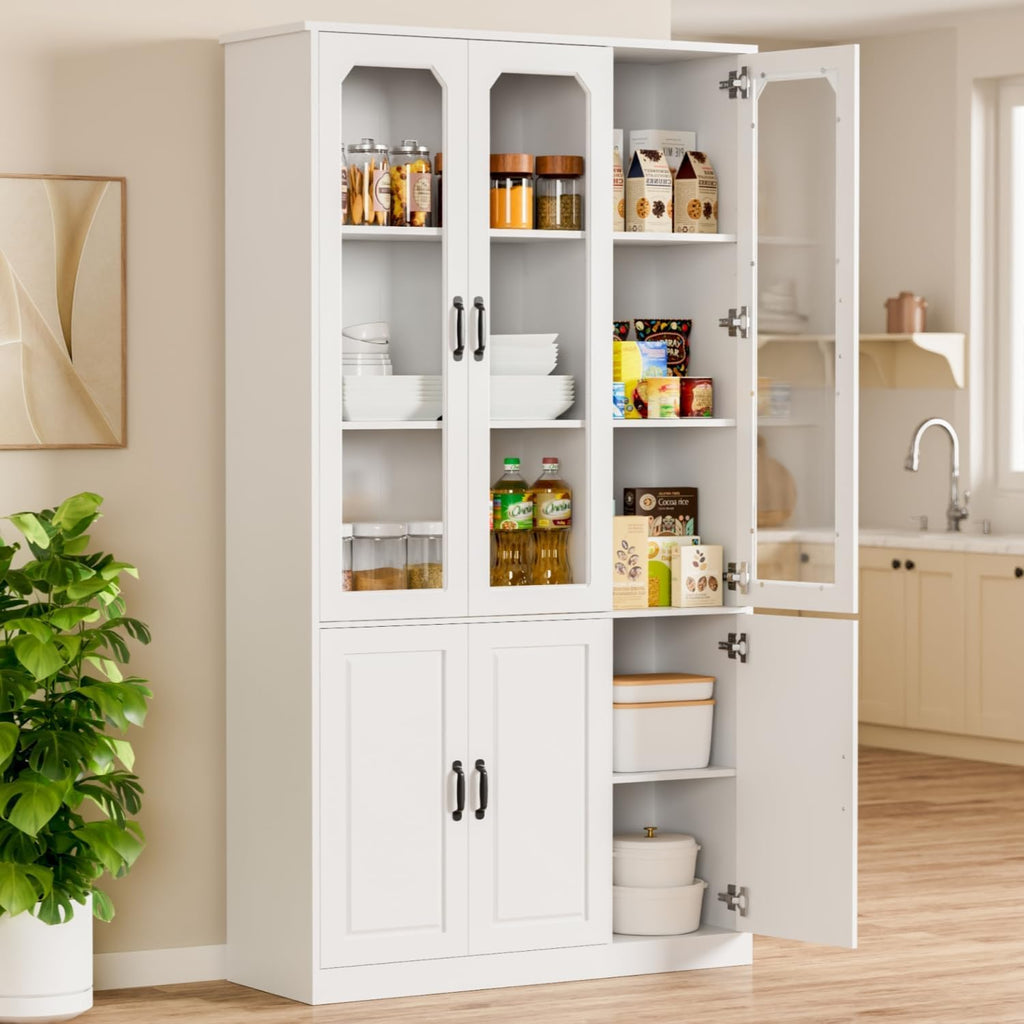 White Kitchen Pantry Cabinet, 78.7" Tall China Cabinet with Glass Doors and Adjustable Shelves, Wooden Display Cabinet for Dining, Living Room, White