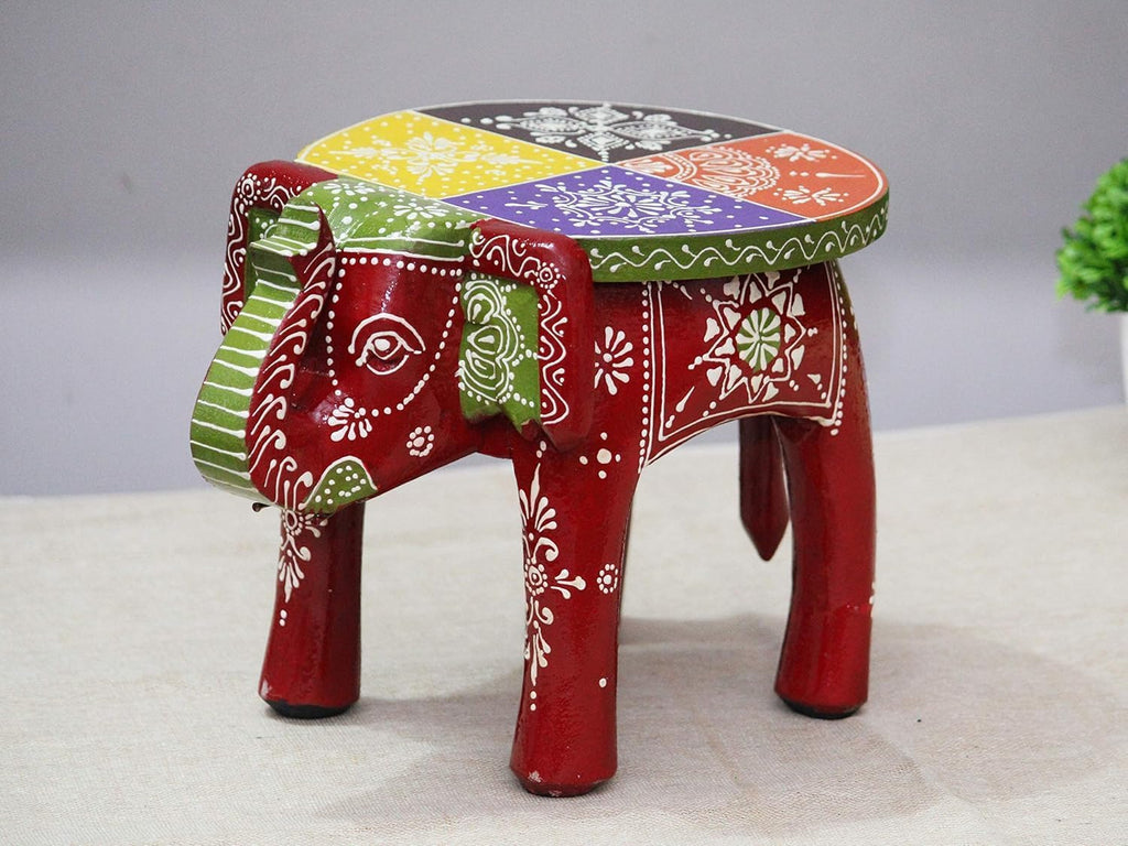 Handcrafted and Hand-Painted Colorful Wooden Elephant Decorative Showpiece Stool/Side Table for Home/Office/Living or Bedroom Decor (Maroon)