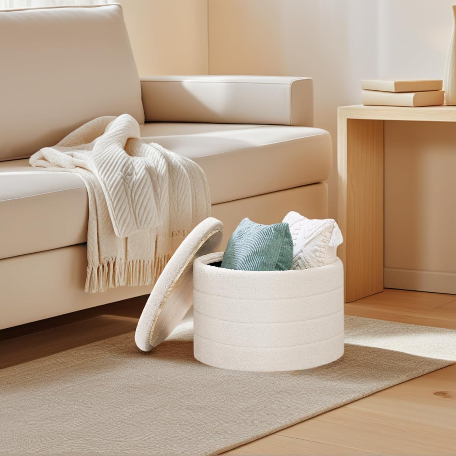 22 Inch Round Boucle Ottoman with Storage, Sherpa Teddy Fabric Ottoman Footstool, Folding Storage Foot Rest for Bedroom, Living Room Dorm, White