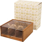 HTB Acacia Wood Tea Bag Organizer Storage Box with 6 Compartments | Tea Chest Box with Clear Acrylic Transparent Hinged Lid,Tea Bag Holder for Kitchen,Office,Bar,Coffee Station