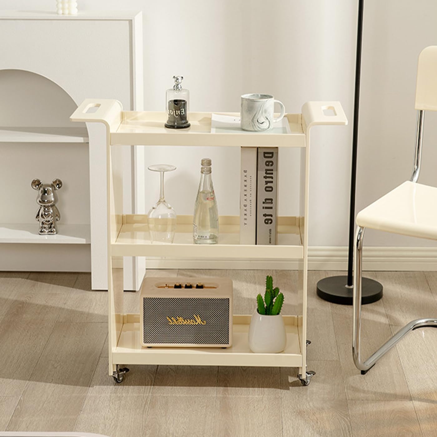 Gdrasuya10 3 Tier Acrylic Bar Cart Serving Cart with Wheels, Clear Acrylic Utility Rolling Cart White End Table Side Table Rolling Serving Cart Snack Tablé for Living Room Balcony Party