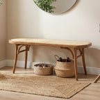 Farmhouse Wood Bench Seat Small Rattan Cane Bench Wicker Bench for End of Bed Living Room Entryway Foyer Indoor, Hand Woven