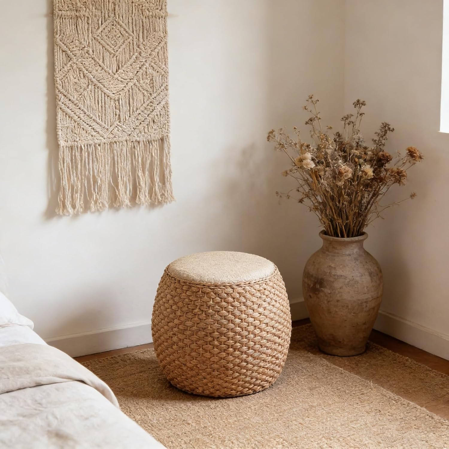 Round Ottoman Natural Seagrass Braided Poof Hand Weaving Round Ottomans Boho Footrest Stool for Home Living Room Bedroom Patio(32cm/12.5in)
