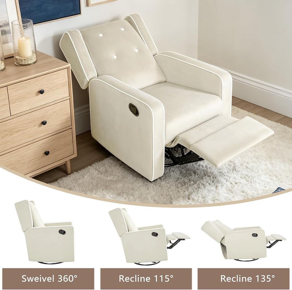 SweetGO Nursery Glider Recliner, 360° Swivel Microfiber Rocker w/Footrest | Ergonomic lumbar support, quiet glide, reinforced frame, tool-free assembly, 135° recline