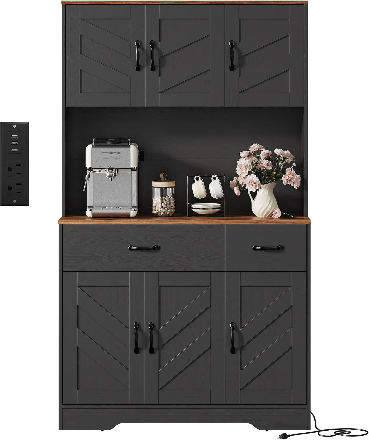 Farmhouse Kitchen Pantry Cabinet with Charging Station – 71" Tall Hutch, Adjustable Shelves, Drawers, Microwave Stand, Large Storage for Dining or Living Room – Color: Black