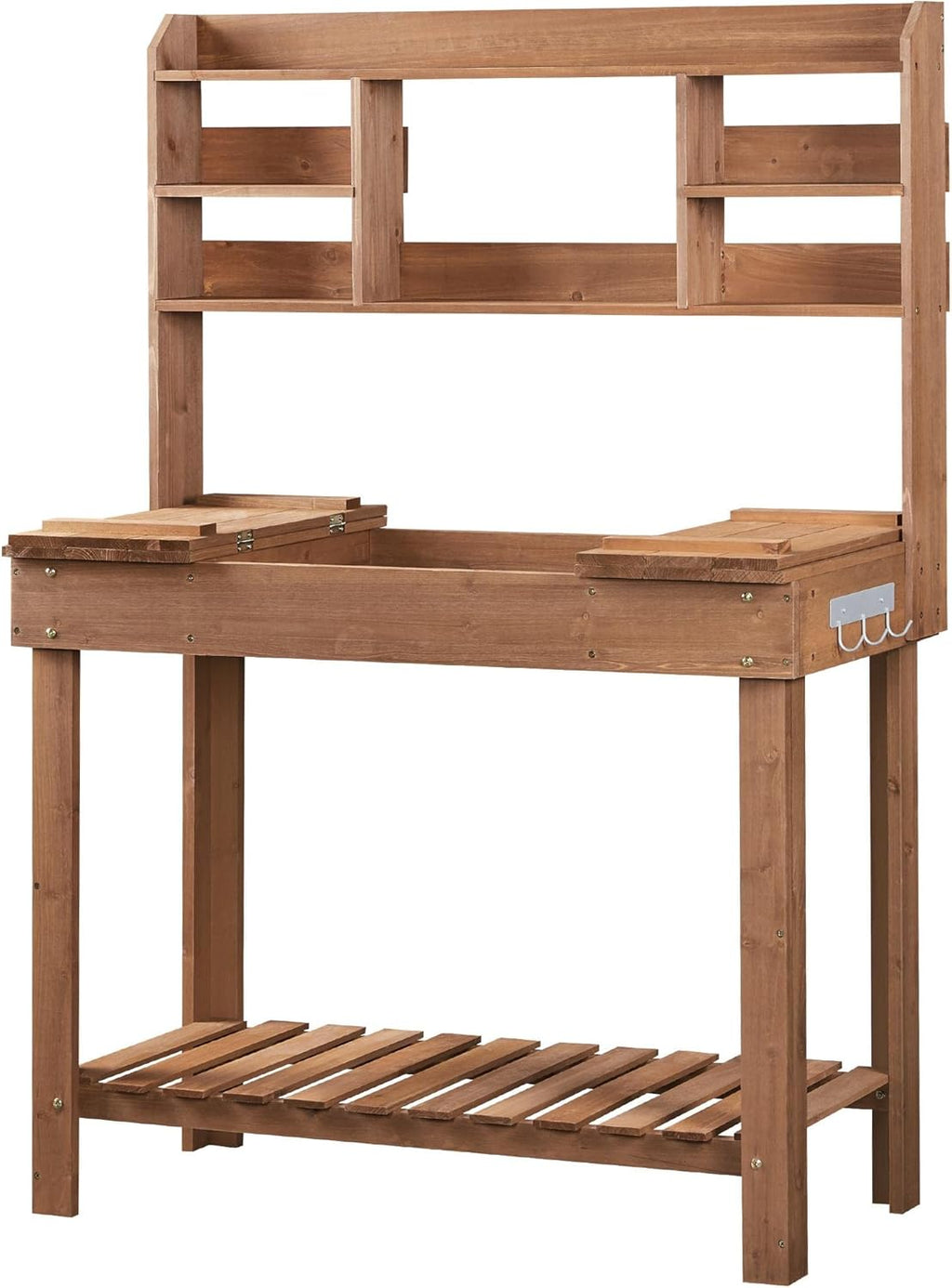 Topeakmart Potting Bench Germination Table - Wood Garden Work Bench Flatform w/Display Rack/Practical Storage Prganizer for Backyard, Patio and Balcony, Brown
