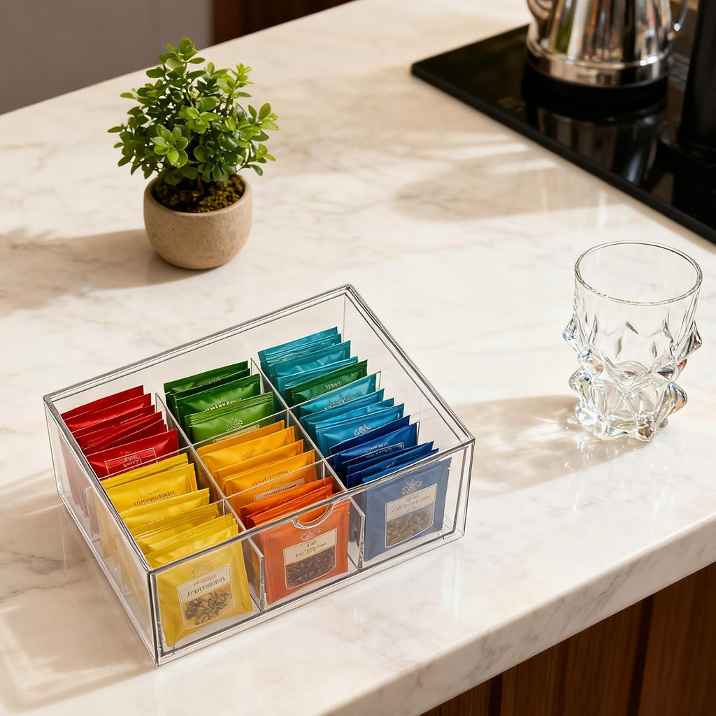 Rainmae Tea Bags Organizer Clear Acrylic Teabag Drawer Holder with 9 Compartments Stackable Tea Caddy Water Flavor Packet Storage Drawer for Counter, Countertop, Kitchen