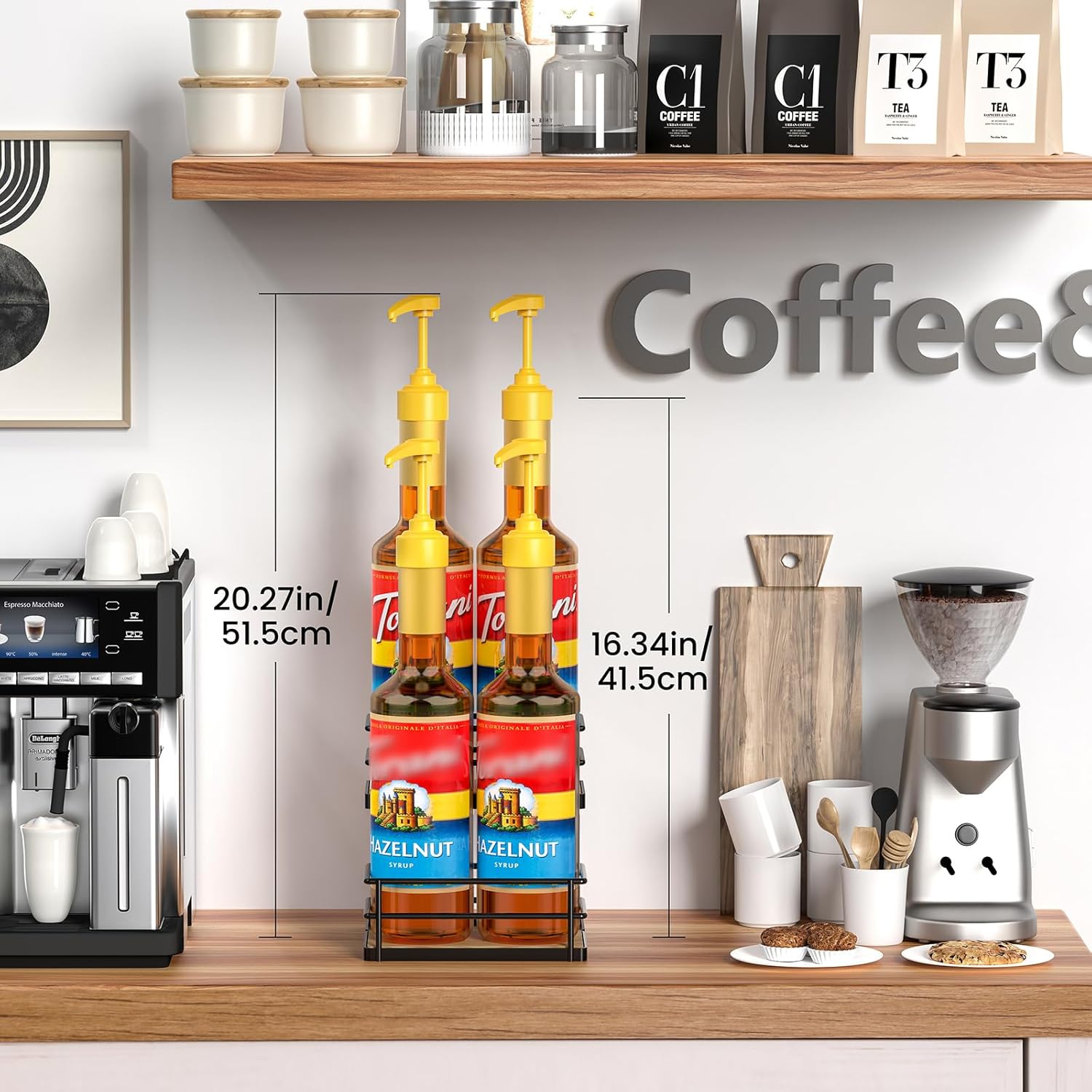 THYGIFTREE Coffee Syrup Rack Organizer 4 Bottle Syrup Holder Stand 2-Tier Storage Shelves for Kitchen Coffee Bar Station