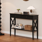 ChooChoo Console Table with Drawers, Narrow Wood Accent Sofa Table Entryway Table with Storage Shelf for Entryway, Front Hall, Hallway, Living Room, Black