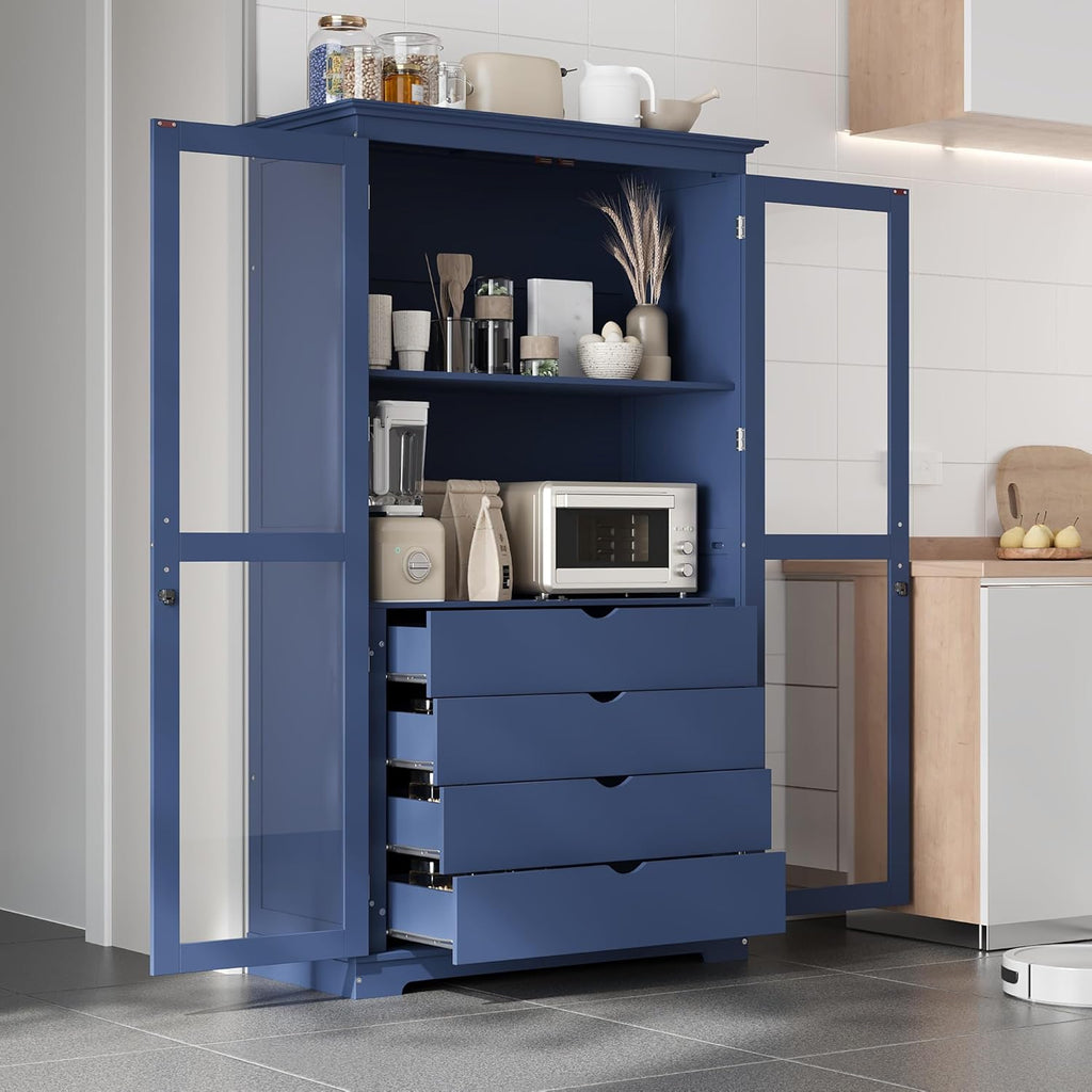 Polibi 44.7" Extra-Large Freestanding Storage Cabinet - Glass Door Display with 4 Drawers & Shelf, Multi-Functional for Kitchen Pantry & Dining Room, Blue