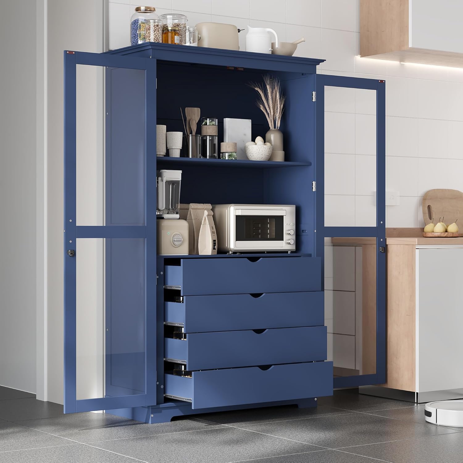 Polibi 44.7" Extra-Large Freestanding Storage Cabinet - Glass Door Display with 4 Drawers & Shelf, Multi-Functional for Kitchen Pantry & Dining Room, Blue