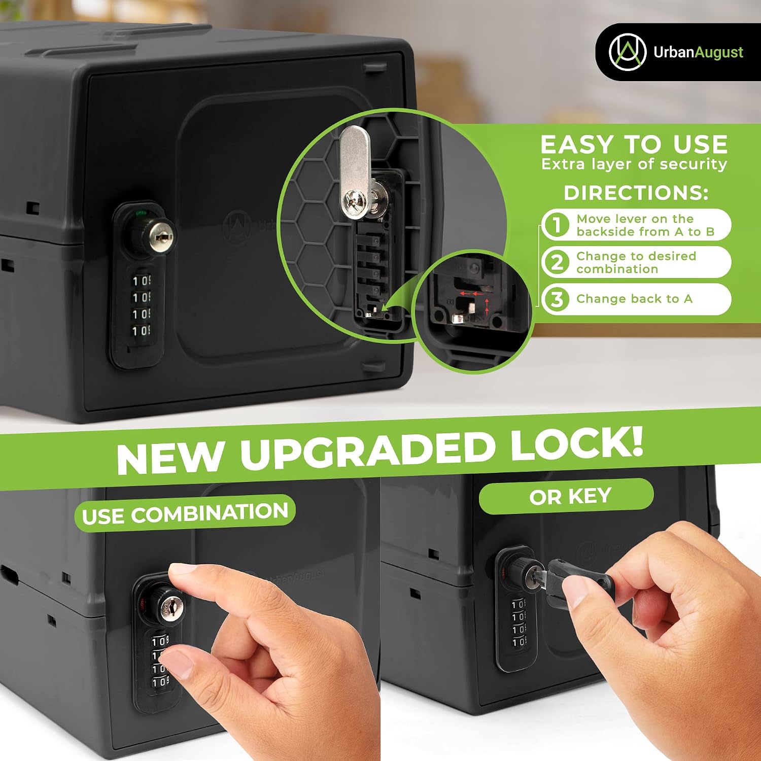 Urban August Dual Combination & Keyed Lockbox - Lockable Box for Everyday Use - Multi-Purpose lock for Home & Office Safety - Made of Industrial-Grade Plastic - One Size (Graphite)