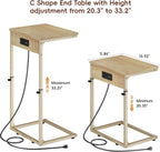 Vagusicc C Shaped End Table with Charging Station, Adjustable Height Side Table for Couch, Small Side Table, 33.2'' Tall Couch Tables that Slide Under, Tv Tray End Table for Living Room, Natural