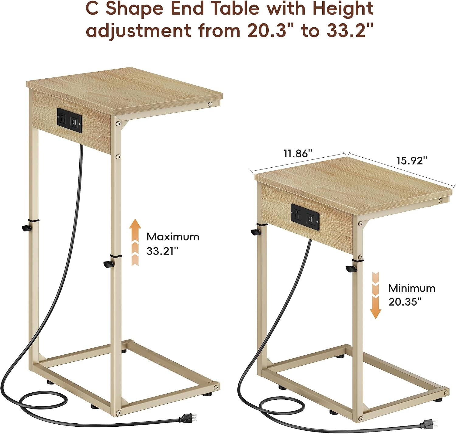 Vagusicc C Shaped End Table with Charging Station, Adjustable Height Side Table for Couch, Small Side Table, 33.2'' Tall Couch Tables that Slide Under, Tv Tray End Table for Living Room, Natural