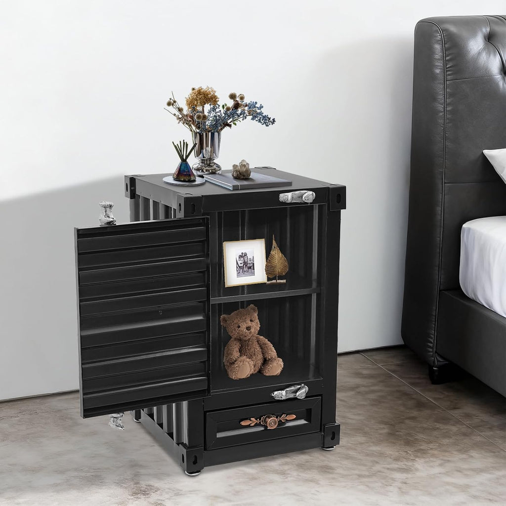 Industrial Metal Container Side Table with Drawer and Password Lock, 3-Tier Storage Cabinet with 2 Compartments, Black End Table for Living Room Bedroom Office Garage, Compact (Black)