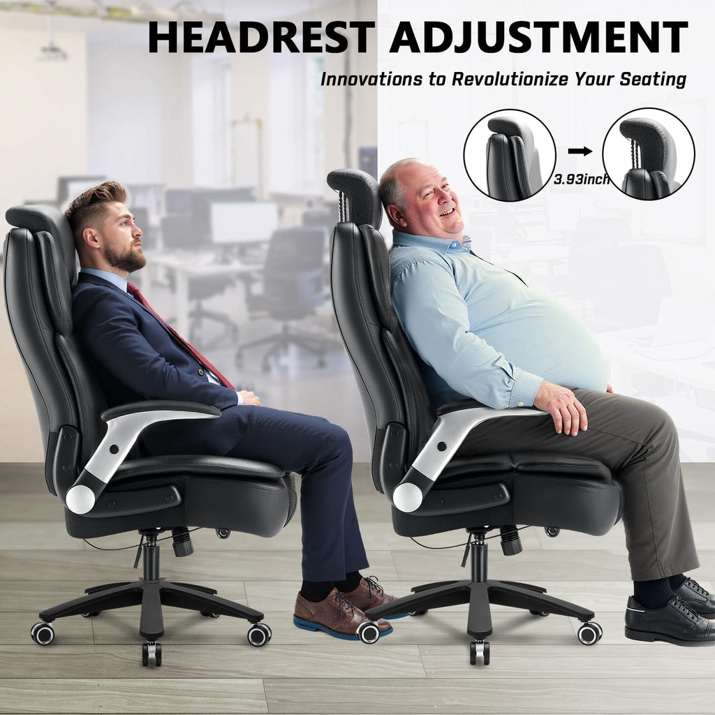 600lbs Big and Tall Office Chair, Heavy Duty Executive Desk Chair for Heavy People, Extra Wide PU Leather Computer Chair with 4" Adjustable Headrest & Air Lumbar Support