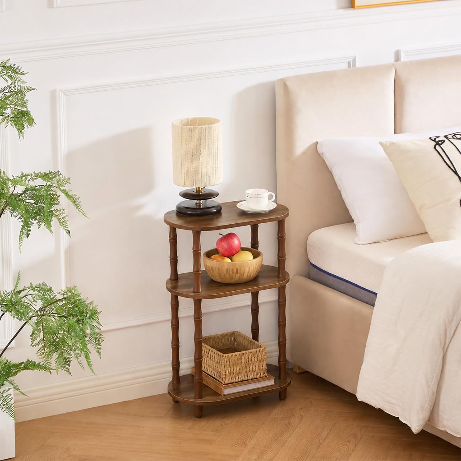 Narrow Side Table with Storage, 3-Tier End Table Skinny Nightstand for Bedroom, Living Room Small Space, Rustic Brown