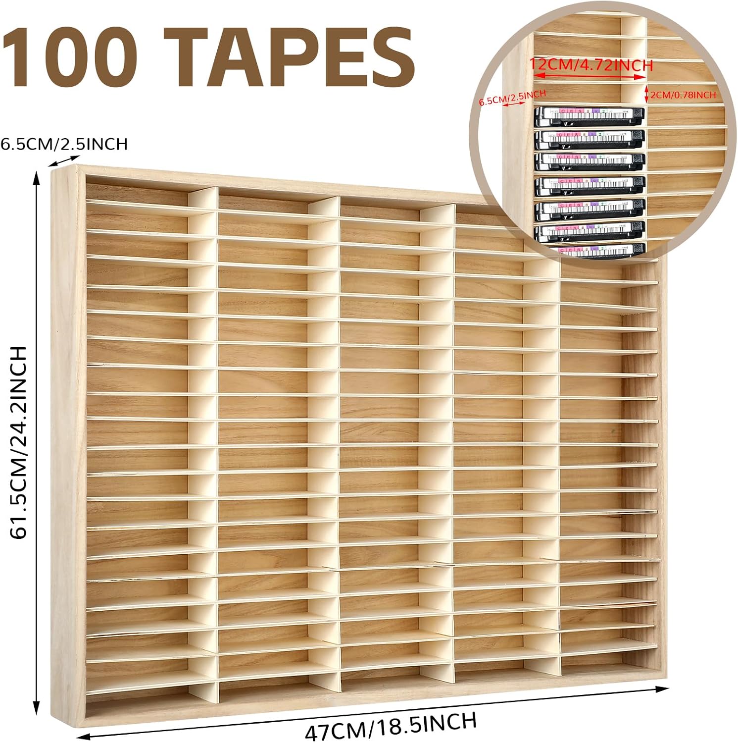 Marsui 100 Slot Cassette Tape Storage Holder Wooden Audio Tape Organizer Cassette Tape Rack for Cassette Collections Audio Accessory