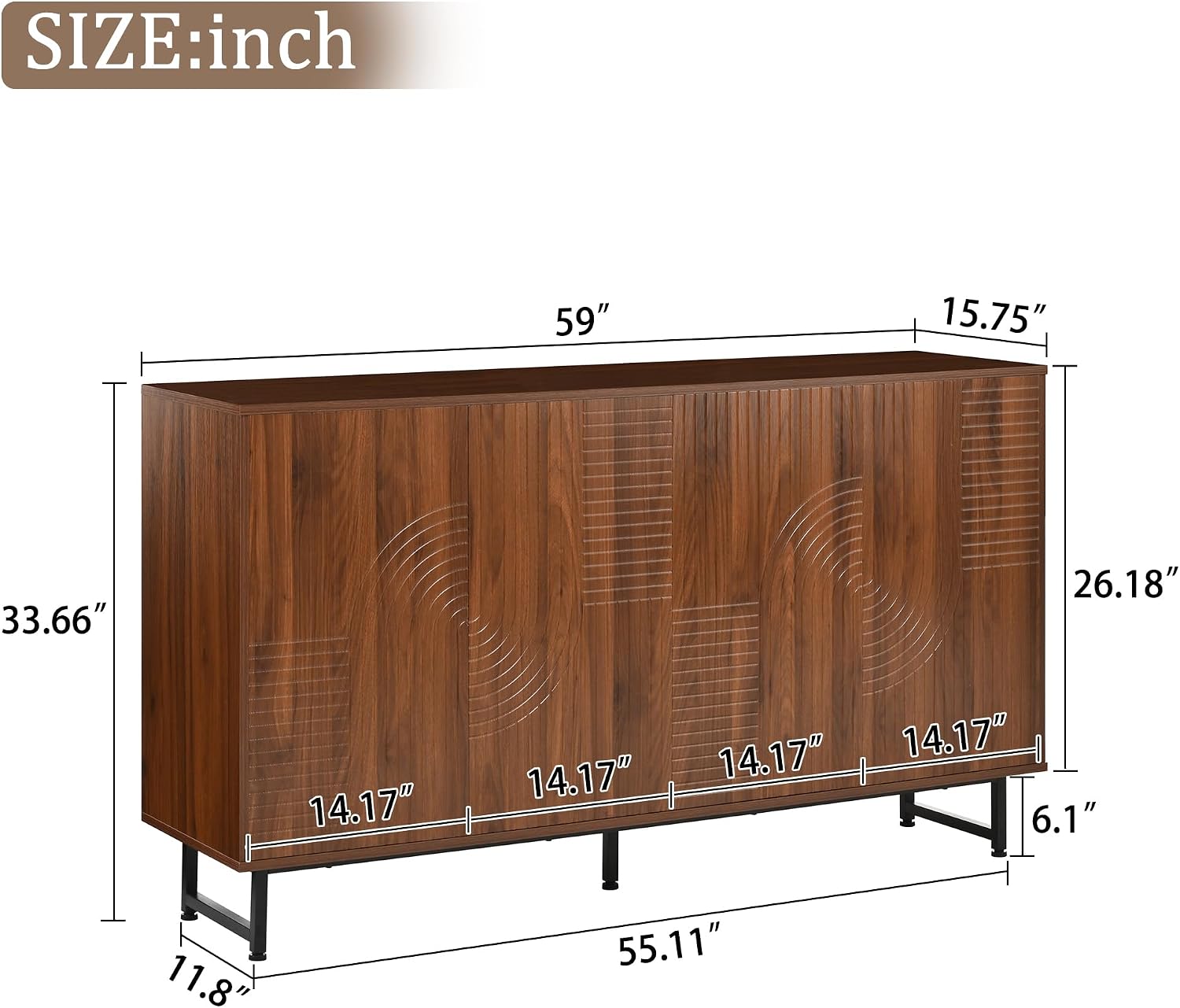 Mid-Century Modern Walnut Sideboard Buffet Cabinet, 59*16*33 inches Geometric Carved Storage Cabinet with Metal Legs, Coffee Bar Entryway Console Table Storage for Dinning Room, Living Room
