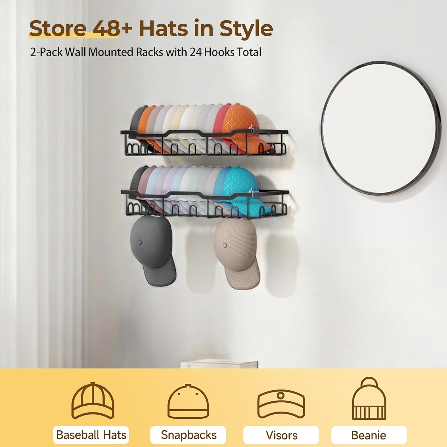 Nicetree Hat Rack for Wall - 2 Pack Metal Hat Organizer for Baseball Caps - Heavy Duty Wall Mounted Baseball Cap Organizer and Hat Storage for Closet Wall or Bedroom - Holds 48 Caps,Black