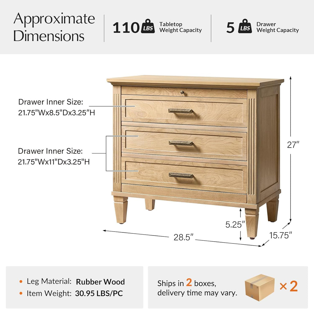 HULALA HOME Farmhouse End Table with Charging Station, Pull-Out Tray, 3 Drawers End Table with Solid Wood Legs, Wood Veneer Side Table with Open Shelf Set of 2, Natural