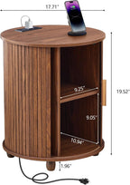18 Inch Nightstands Set of 2, Fluted Round Wood Nightstand with Charging Station, Small End Table for Living Room, Sliding Door Round Side Table with Storage for Bedrrom (18 inch, Walnut)