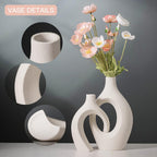 Liotww Extra Large Hollow Nordic Modern Ceramic Vases Set of 2, Milky White Aesthetic Round Donut Boho ins Style Flower Decorative Vase for Room Home Book Shelf Table Decor (Matte W 8" X H 11")