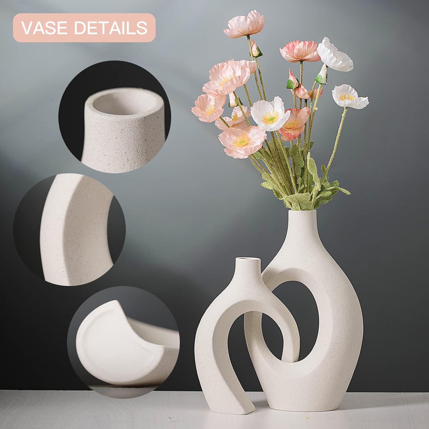 Liotww Extra Large Hollow Nordic Modern Ceramic Vases Set of 2, Milky White Aesthetic Round Donut Boho ins Style Flower Decorative Vase for Room Home Book Shelf Table Decor (Matte W 8" X H 11")