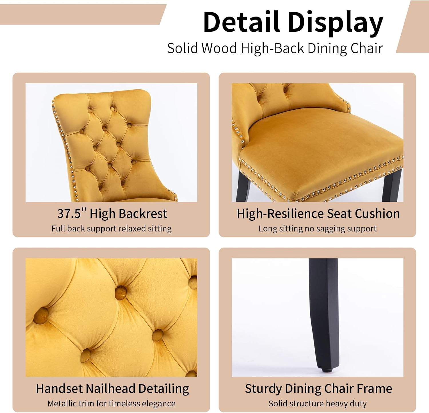 Modern Dining Chairs Set of 4, Tufted Upholstered Dining Chair with Solid Wood Legs, Yellow Velvet Accent Chair, Sillas de Comedor, 4 Dining Chairs (Gold, Velvet, 4Pcs)