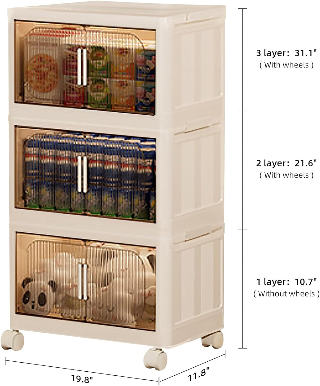 Stackable Organizer Drawers with Wheels, Foldable Plastic Storage Bins for Clothes/Dorm Room Double Door Cream Rolling Cabinet Height (Reinforce Stripe: 3 Clear, 19.8"D x 11.8"W x 31.1"H)