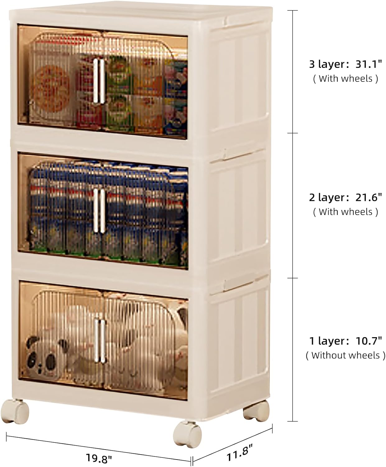 Stackable Organizer Drawers with Wheels, Foldable Plastic Storage Bins for Clothes/Dorm Room Double Door Cream Rolling Cabinet Height (Reinforce Stripe: 3 Clear, 19.8"D x 11.8"W x 31.1"H)
