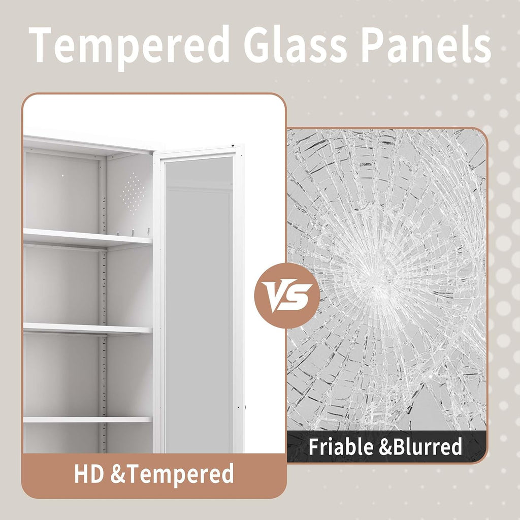 Tall Kitchen Cabinet Storage, Food Pantry Cabinet with Doors and Shelves, Tall Kitchen Cabinets with 5 Adjustable Shelves, White Metal Cabinets for Dining Room (White + Glass Door + Metal)