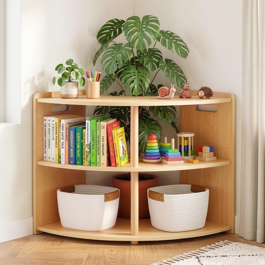OOOK 2-Tier Montessori Book Shelf, Corner Arc Cabinet with Open Access, Montessori Furniture for Kids Room, Playroom, Nursery, Classroom, Kindergarten