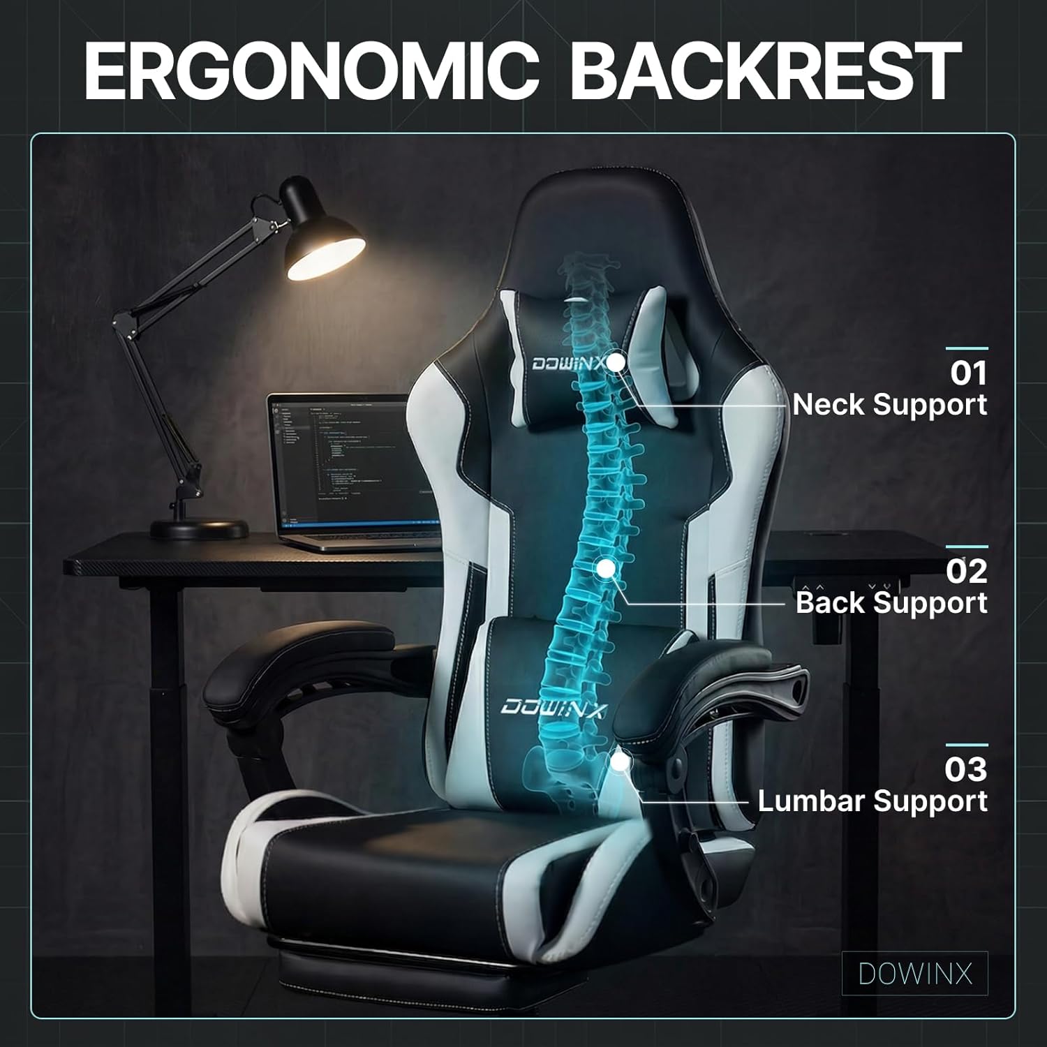 Dowinx Gaming Chair Ergonomic, Massage Lumbar Support, Footrest, Adjustable Height & Headrest Pillow, Heavy Duty 330lbs Office Chair, Comfortable for Back Pain Relief Long Gaming Streaming Black White
