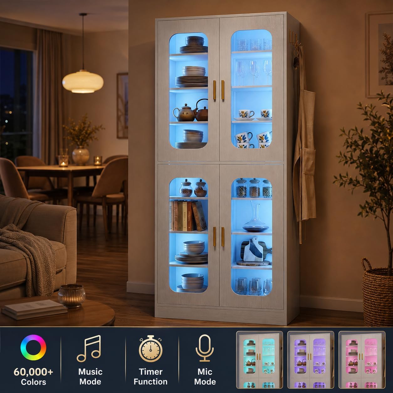 Cyclysio 67" LED Kitchen Pantry Cabinet with 6 Adjustable Shelves, Tempered Glass Doors, Built-in Color-Changing LED, Large Storage Cupboard for Kitchen, Dining, Living Room, and Bathroom, Grey