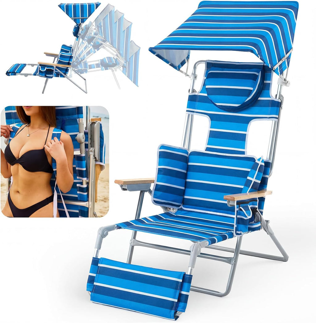 Backpack Beach Chair with Footrest, Double Shoulder Straps Folding Tanning Chair with Face & Arm Hole,Sunbathing Lounge Chair for Pool, Beach, Lawn (2Pcs, Standard)