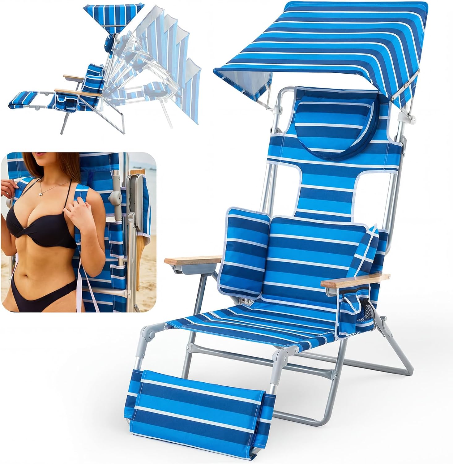 Backpack Beach Chair with Footrest, Double Shoulder Straps Folding Tanning Chair with Face & Arm Hole,Sunbathing Lounge Chair for Pool, Beach, Lawn (2Pcs, Standard)