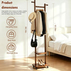 Solid Wood Coat Rack with Wheels - 2-Tier Freestanding Clothing Rack with 5 Hooks & Storage Shelves, Heavy Duty Rolling Clothes Stand for Entryway, Bedroom, Corner