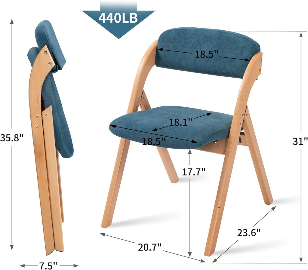 HOMEFUN Folding Chairs with Cushion Padded Foldable Chiars 4 Pack - Wooden Dining Seat with Removable Cover Extra for Guests Kitchen Office Wedding Party Picnic, Smog Blue