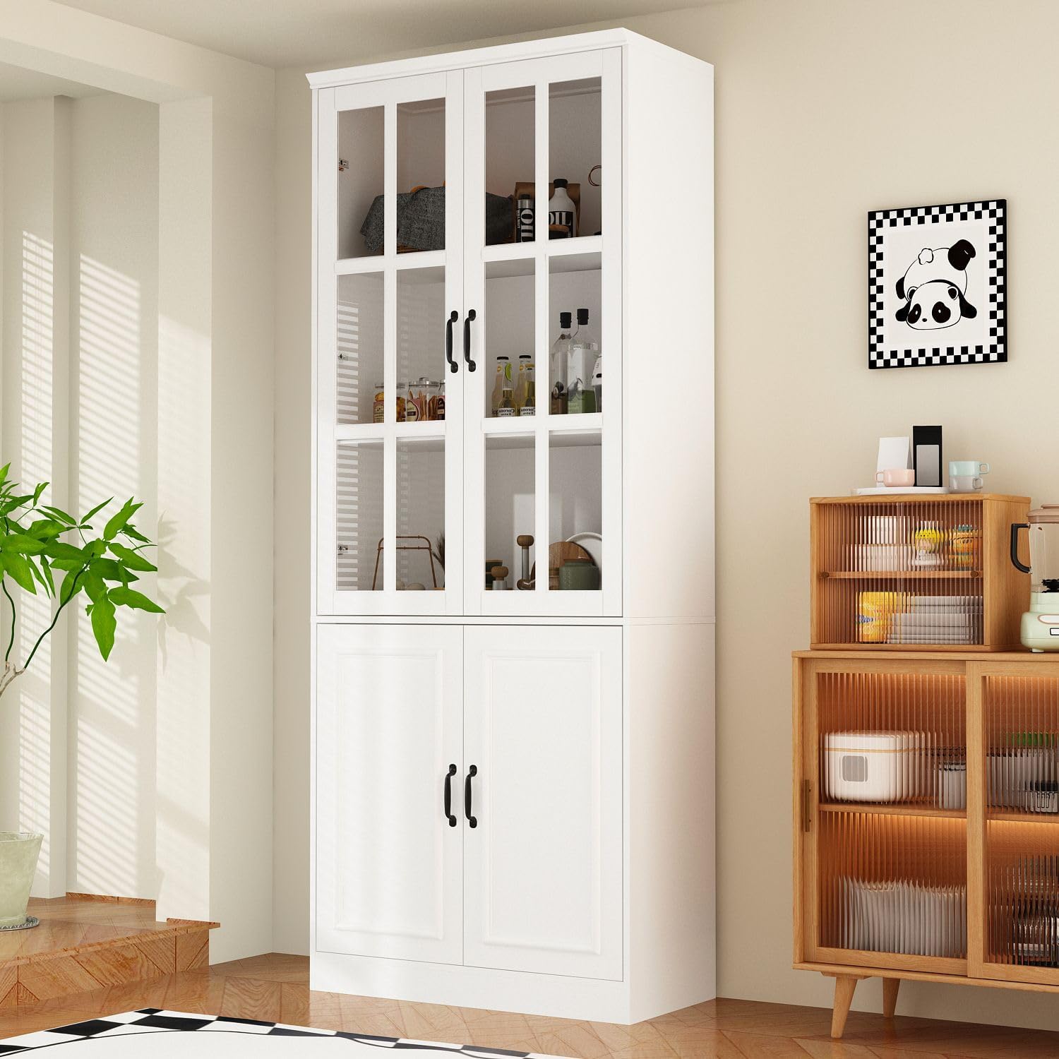 MOUMON Kitchen Pantry Storage Cabinet with Glass Doors, Pantry Organization and Kitchen Storage, Adjustable Shelves and Doors White 31.5”W x 15.7”D x 78.7”H