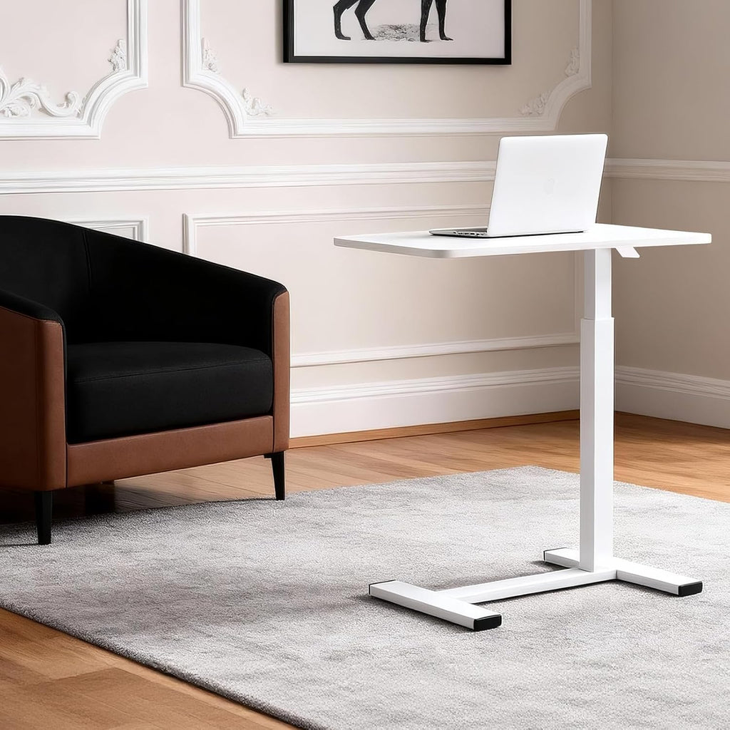 Pneumatic Adjustable Height C-Shaped End Table,Slides Under Furniture, Hospital Bed Table Side Table for Sofa & Bedside, Hidden Wheels for Small Spaces(15.8''Wx31.5'D'x37.1''H,White)